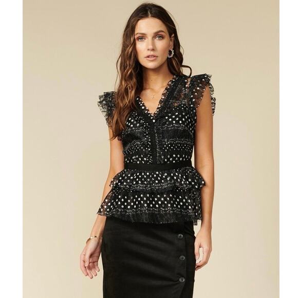 Adelyn Rae Tops - Adelyn Rae Suzette Top Lace Polka dot Peplum Flutter Sleeve Top Size Large